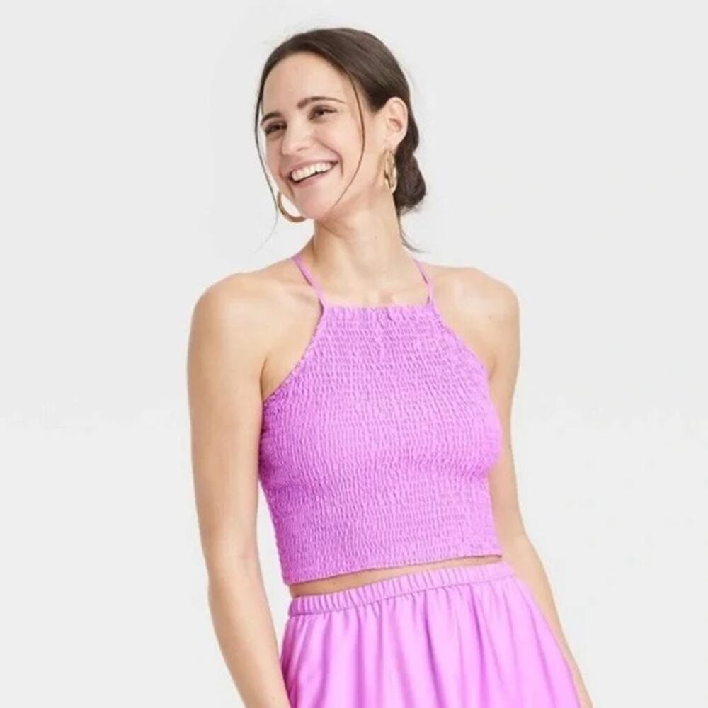 A New Day Women’s Pink‎ Purple Halter Smocked Cropped Apron Tank Top XL NEW